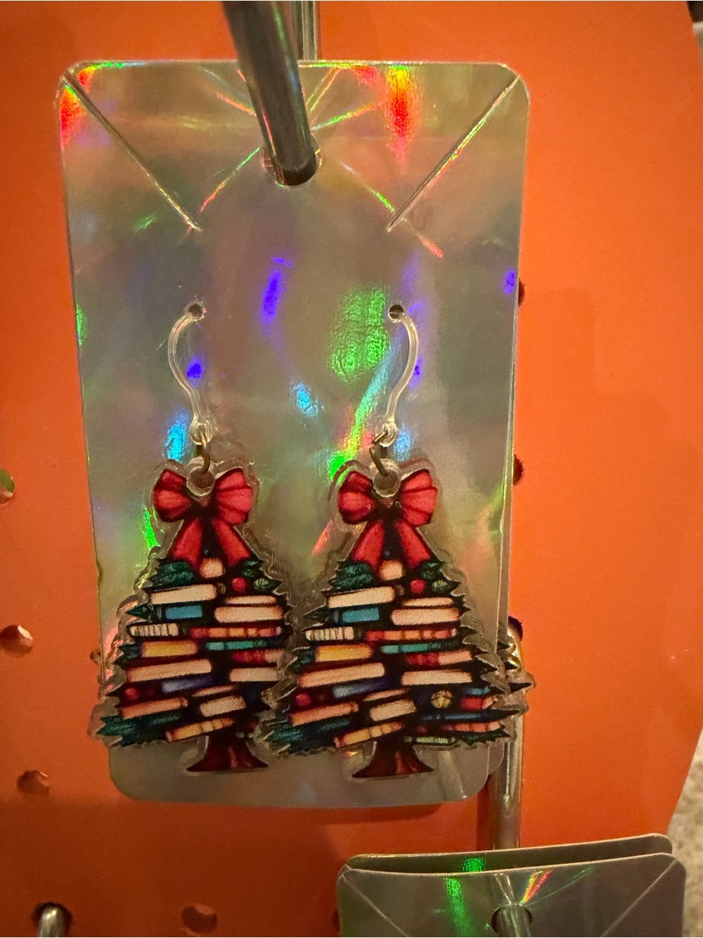 Red Bow Christmas Tree Bookstack Earrings - Holiday Kids Accessories